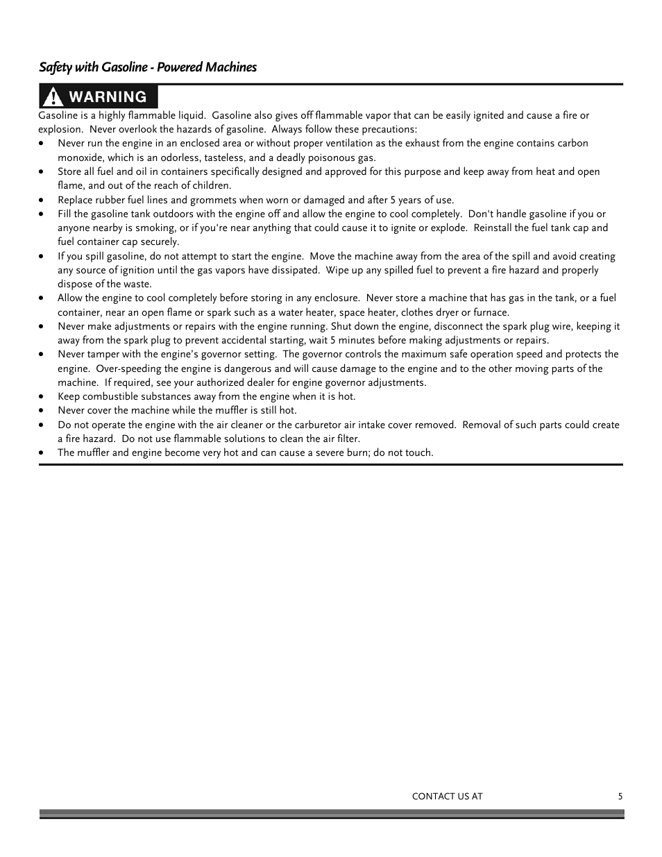 Safety with gasoline - powered machines | DR Power RapidFire 6 HP Subaru (Aug 2011 - Sept 2012) User Manual | Page 5 / 28
