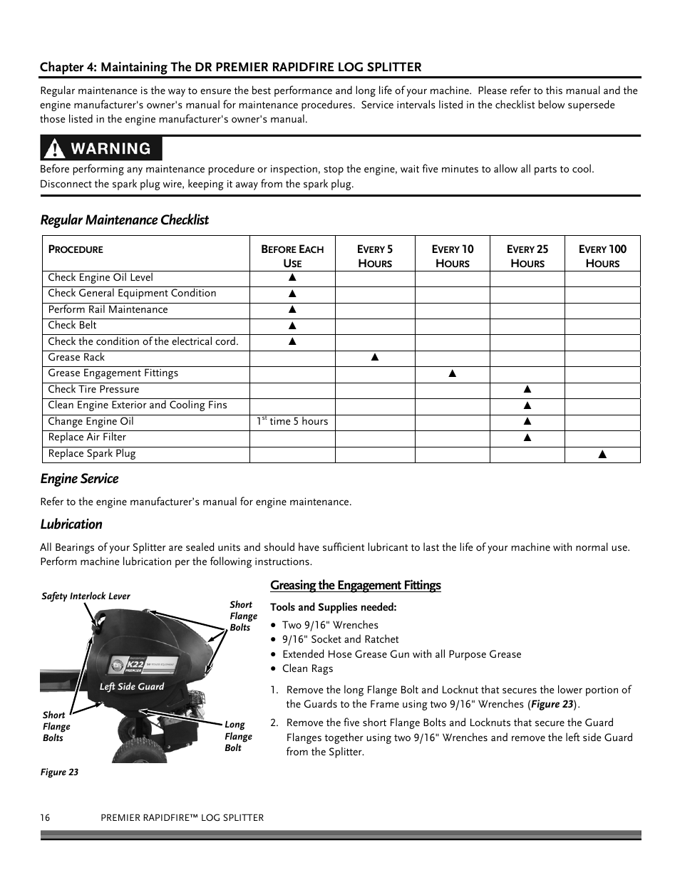 Regular maintenance checklist, Engine service, Lubrication | DR Power RapidFire 3.0 HP DR (June 2014 - Present) Operating Manual User Manual | Page 16 / 32