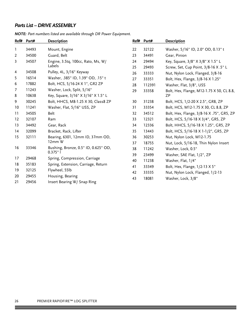 Parts list – drive assembly | DR Power RapidFire 3.0 HP DR (June 2014 - Present) Operating Manual User Manual | Page 26 / 32