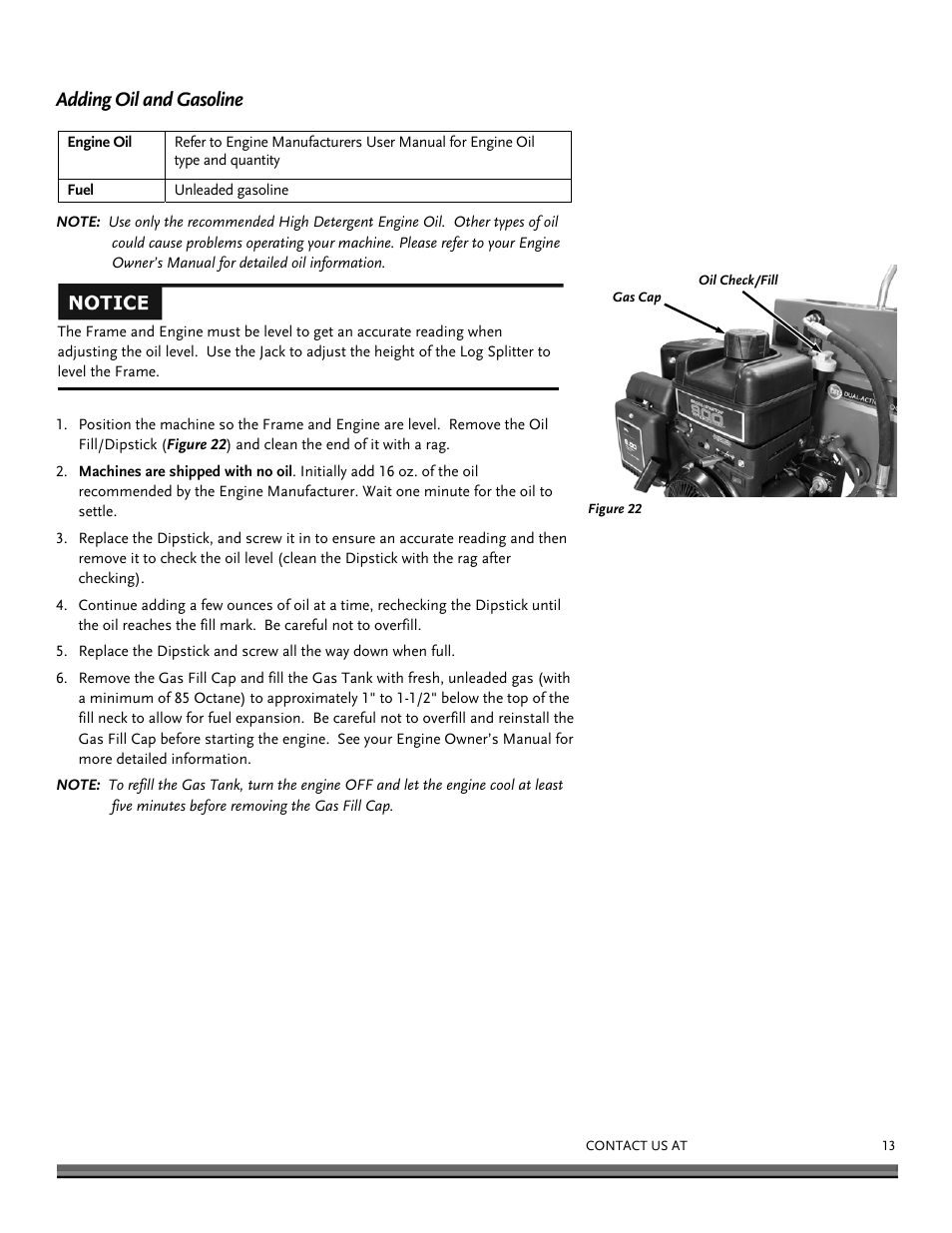 Adding oil and gasoline | DR Power Dual Action 15-Ton Gas (Aug 2011 - Present) User Manual | Page 13 / 40