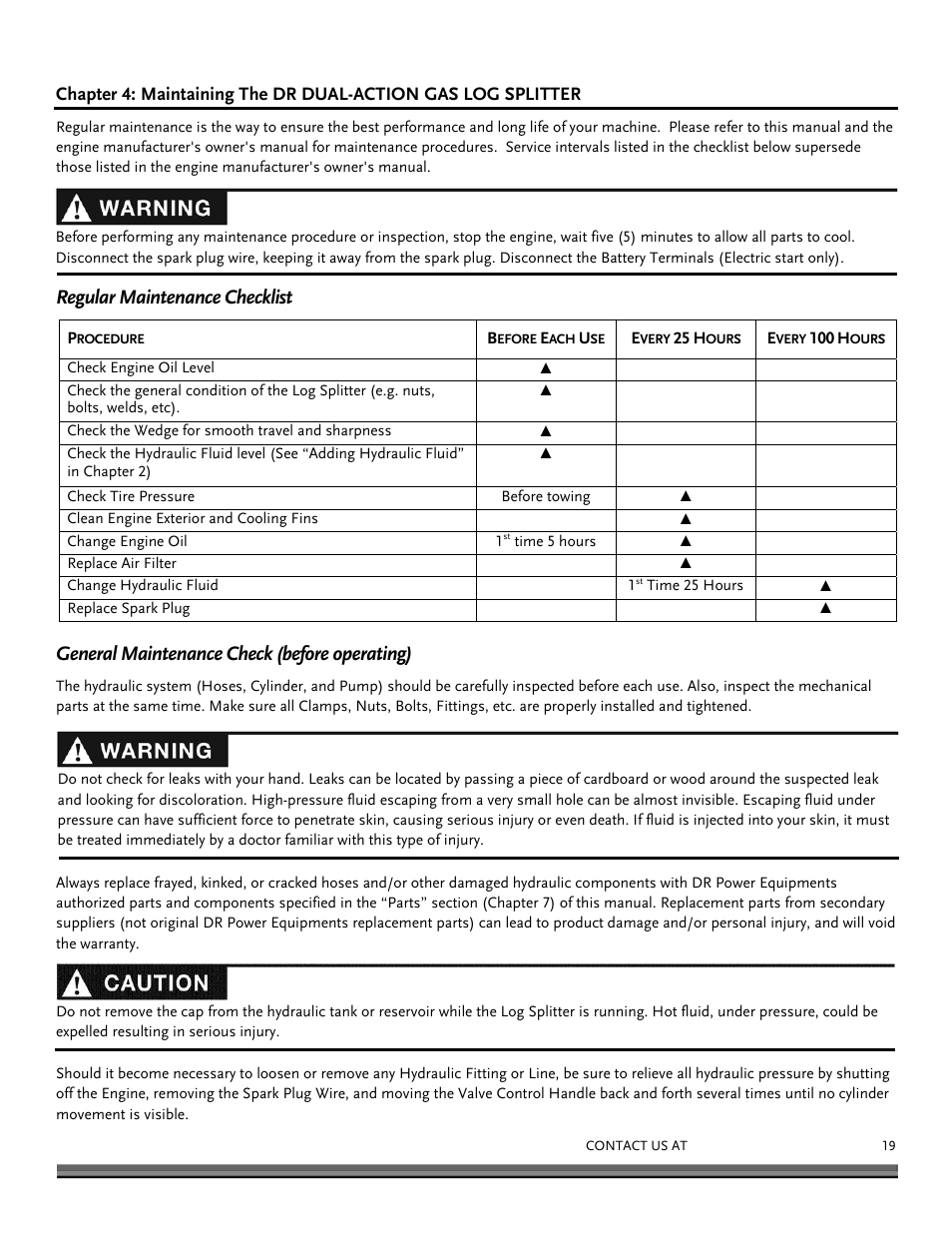 Regular maintenance checklist, General maintenance check (before operating) | DR Power Dual Action 15-Ton Gas (Aug 2011 - Present) User Manual | Page 19 / 40