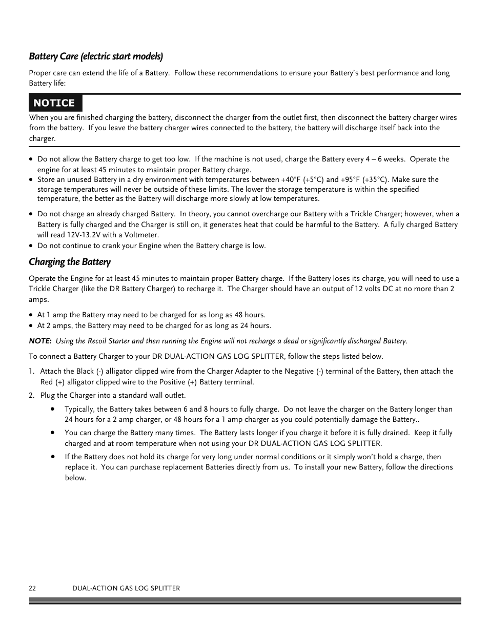 Battery care (electric start models), Charging the battery | DR Power Dual Action 15-Ton Gas (Aug 2011 - Present) User Manual | Page 22 / 40