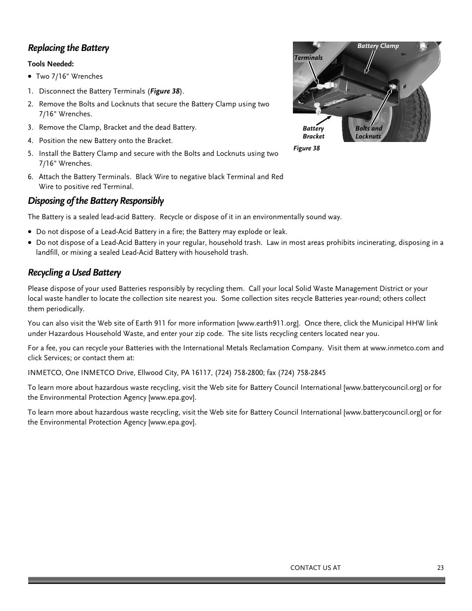 Replacing the battery, Disposing of the battery responsibly, Recycling a used battery | DR Power Dual Action 15-Ton Gas (Aug 2011 - Present) User Manual | Page 23 / 40