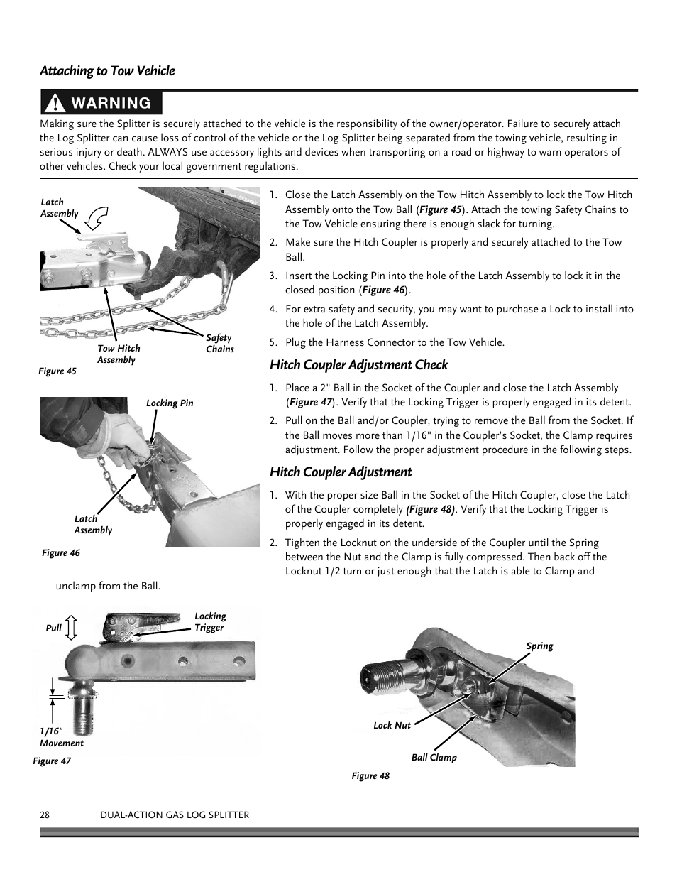 Attaching to tow vehicle, Hitch coupler adjustment check, Hitch coupler adjustment | DR Power Dual Action 15-Ton Gas (Aug 2011 - Present) User Manual | Page 28 / 40