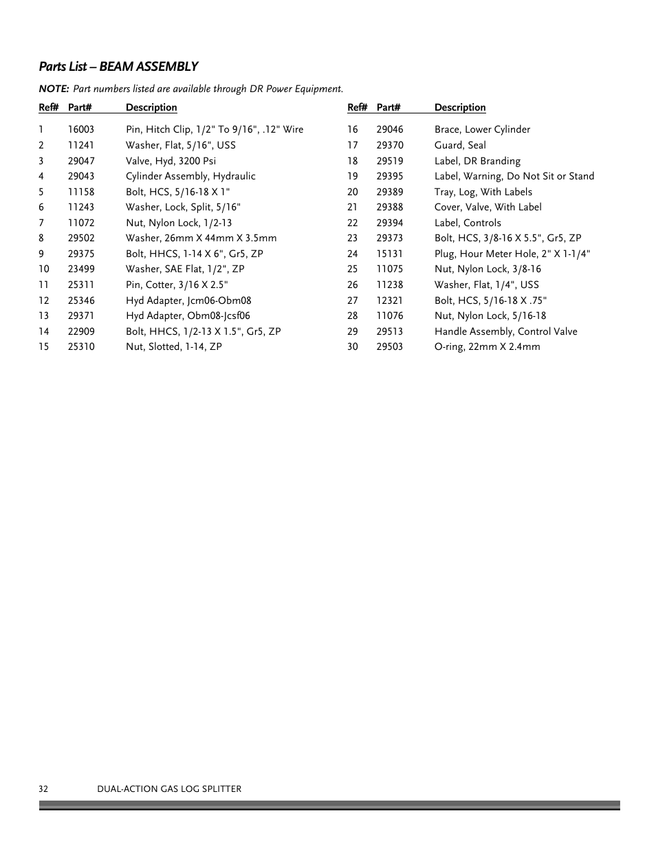 Parts list – beam assembly | DR Power Dual Action 15-Ton Gas (Aug 2011 - Present) User Manual | Page 32 / 40