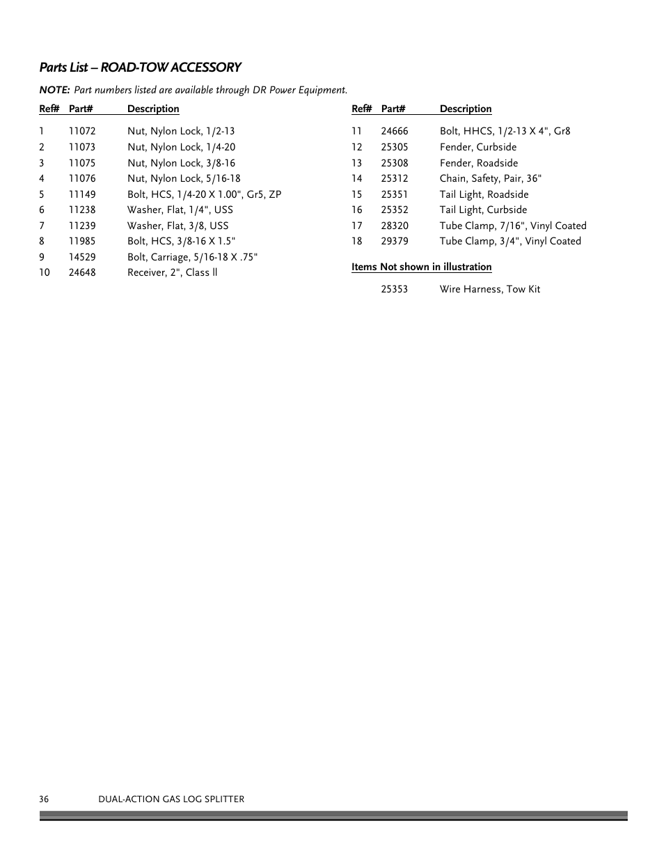 Parts list – road-tow accessory | DR Power Dual Action 15-Ton Gas (Aug 2011 - Present) User Manual | Page 36 / 40