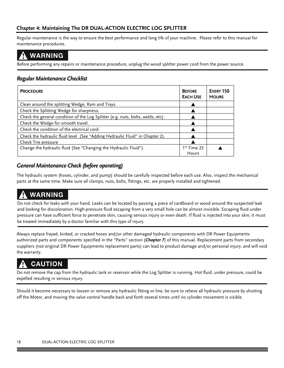 Regular maintenance checklist, General maintenance check (before operating) | DR Power Dual Action 10-Ton Electric (Aug 2011 - Present) User Manual | Page 18 / 36