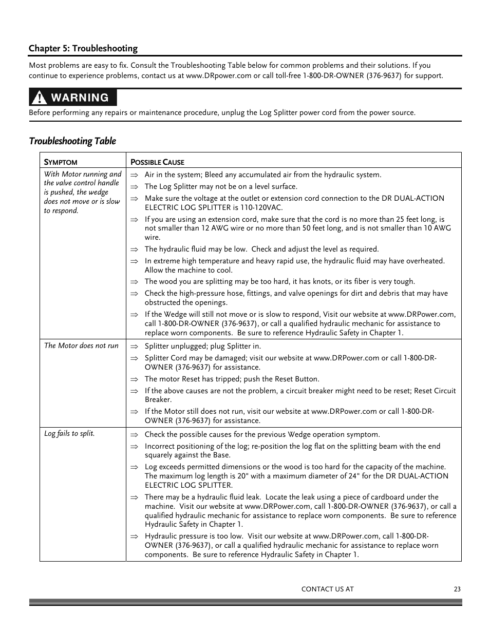 Troubleshooting table | DR Power Dual Action 10-Ton Electric (Aug 2011 - Present) User Manual | Page 23 / 36