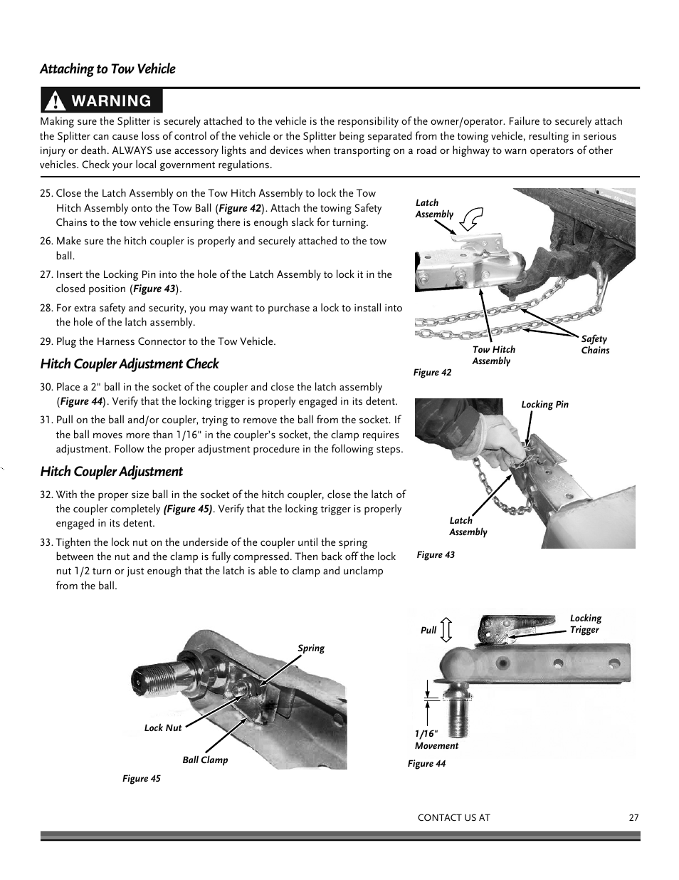 Attaching to tow vehicle, Hitch coupler adjustment check, Hitch coupler adjustment | DR Power Dual Action 10-Ton Electric (Aug 2011 - Present) User Manual | Page 27 / 36