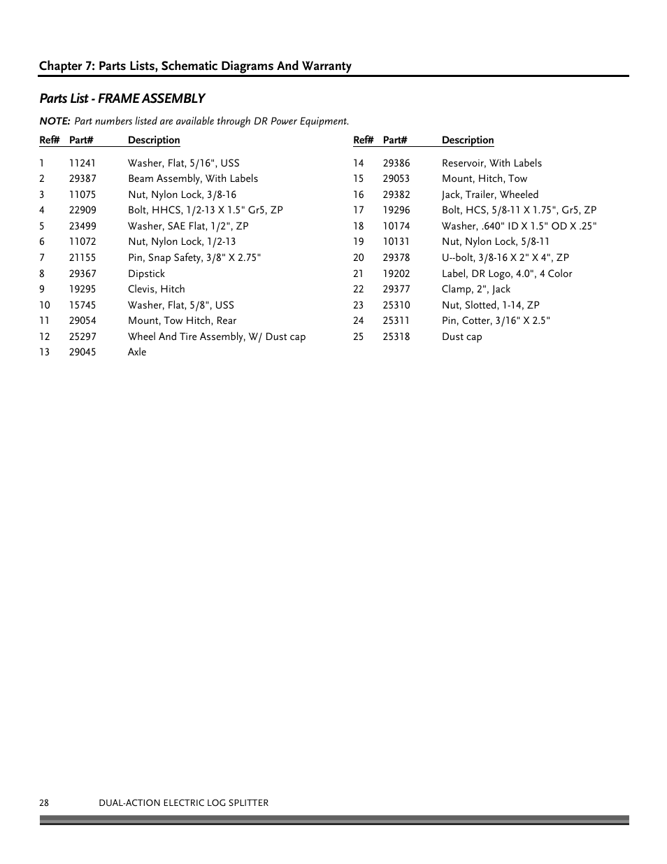 Parts list - frame assembly | DR Power Dual Action 10-Ton Electric (Aug 2011 - Present) User Manual | Page 28 / 36