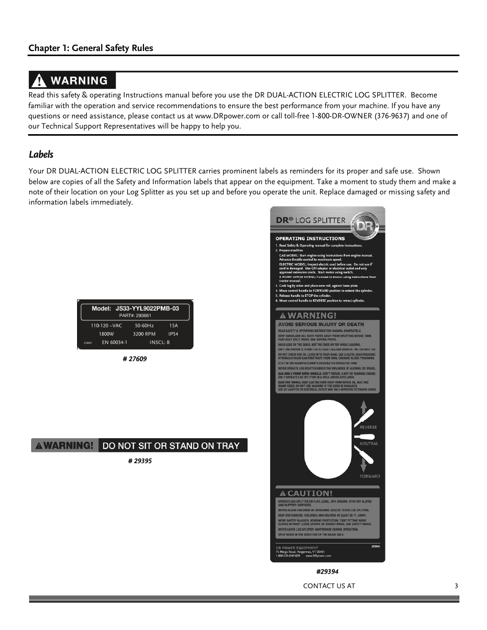 Labels | DR Power Dual Action 10-Ton Electric (Aug 2011 - Present) User Manual | Page 3 / 36