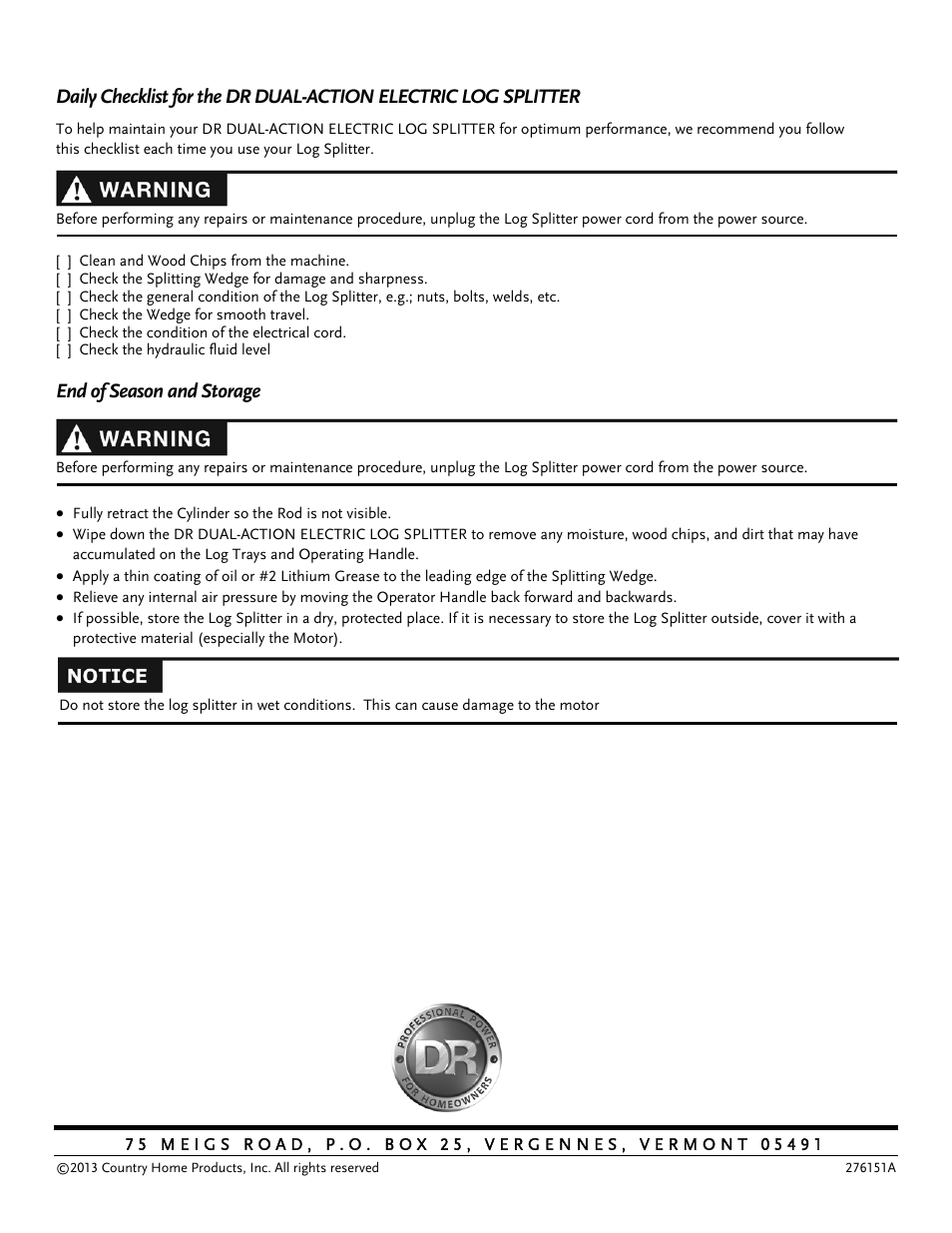 End of season and storage | DR Power Dual Action 10-Ton Electric (Aug 2011 - Present) User Manual | Page 36 / 36