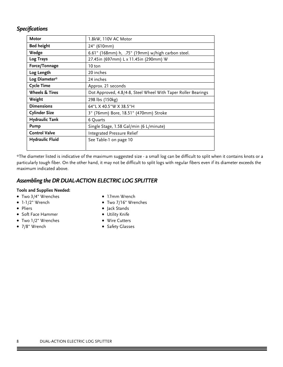 Specifications | DR Power Dual Action 10-Ton Electric (Aug 2011 - Present) User Manual | Page 8 / 36