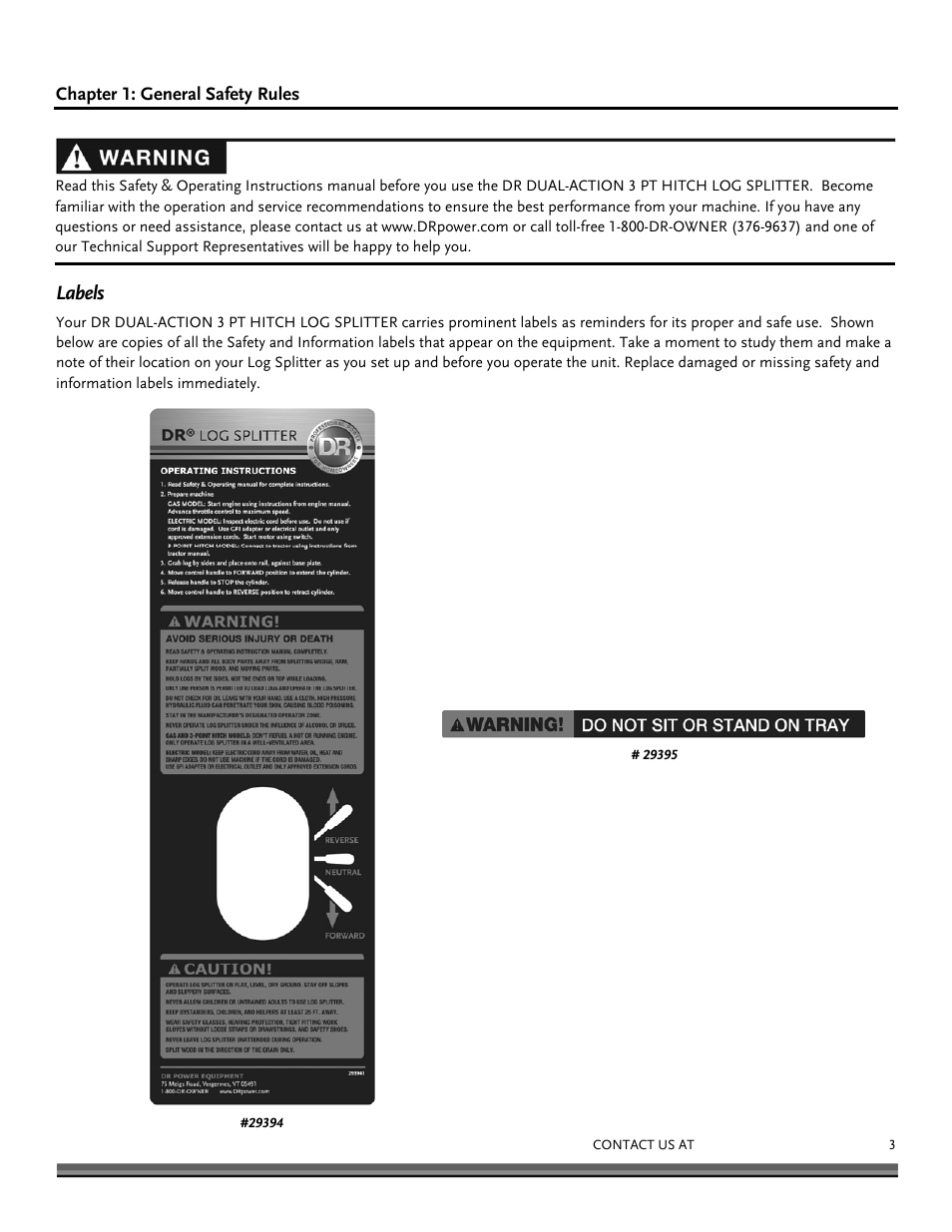 Labels | DR Power Dual Action 3 pt. Hitch Model (Aug 2011 - Present) User Manual | Page 3 / 20