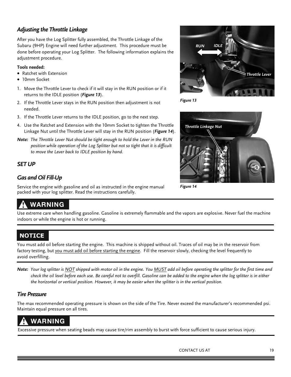 Adjusting the throttle linkage, Set up gas and oil fill-up, Tire pressure | DR Power 22-Ton (July 2013 - Present) User Manual | Page 19 / 36