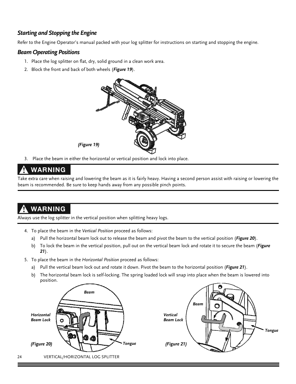 Starting and stopping the engine, Beam operating positions | DR Power 22-Ton (July 2013 - Present) User Manual | Page 24 / 36