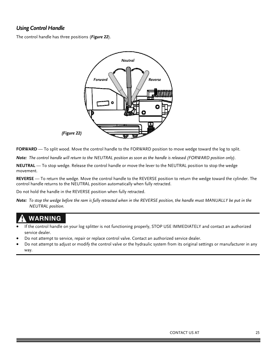 Using control handle | DR Power 22-Ton (July 2013 - Present) User Manual | Page 25 / 36