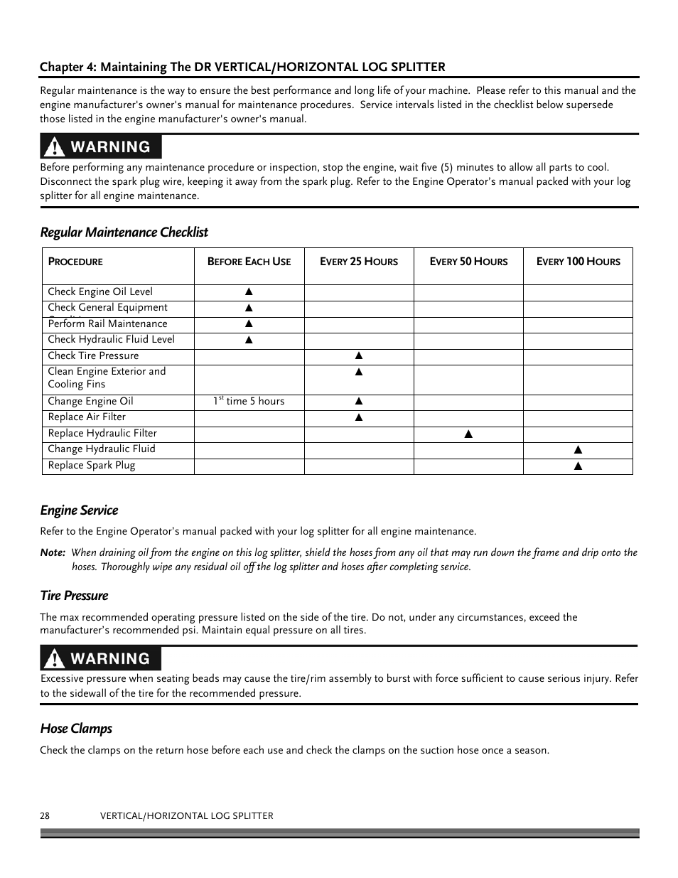 Regular maintenance checklist, Engine service, Tire pressure | Hose clamps | DR Power 22-Ton (July 2013 - Present) User Manual | Page 28 / 36