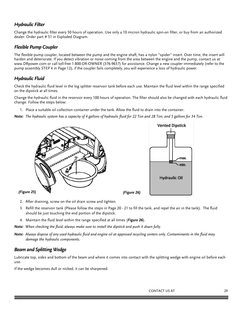 Hydraulic filter, Flexible pump coupler, Hydraulic fluid | Beam and splitting wedge | DR Power 22-Ton (July 2013 - Present) User Manual | Page 29 / 36