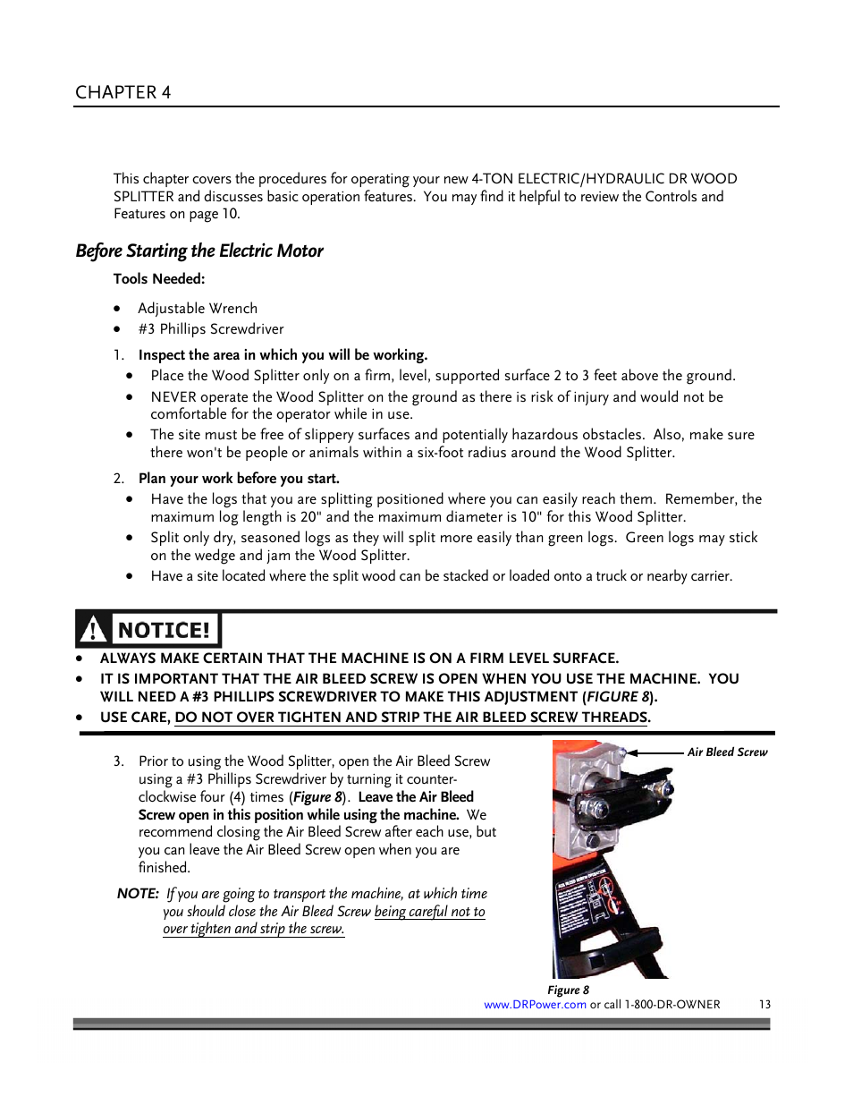 Chapter 4, Before starting the electric motor | DR Power Hydraulic 4-Ton (January 2008 - Present) User Manual | Page 17 / 34