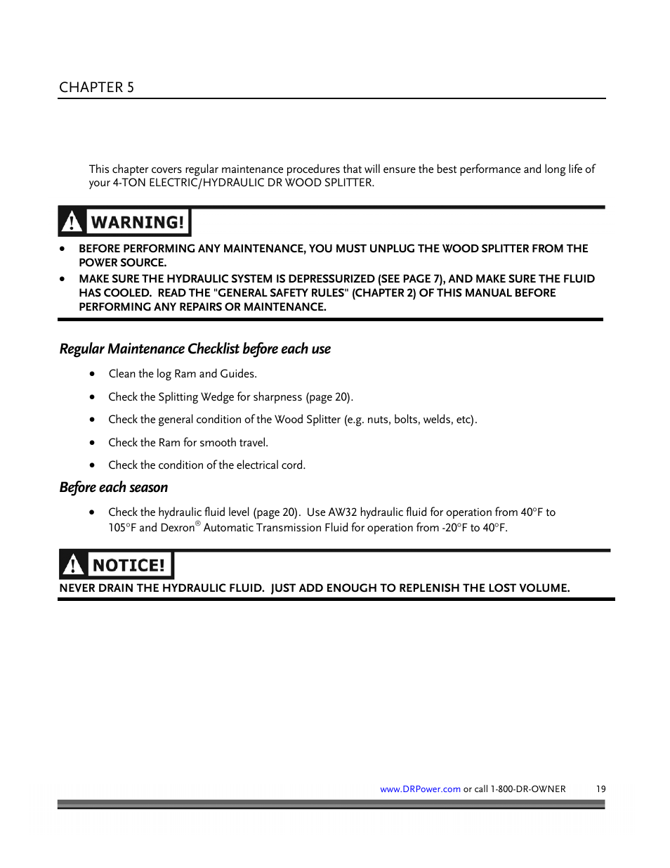 Chapter 5, Regular maintenance checklist before each use, Before each season | DR Power Hydraulic 4-Ton (January 2008 - Present) User Manual | Page 23 / 34