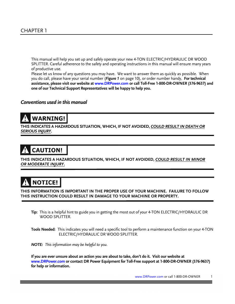 Chapter 1, Conventions used in this manual | DR Power Hydraulic 4-Ton (January 2008 - Present) User Manual | Page 5 / 34