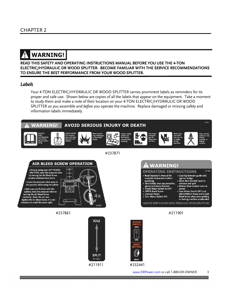 General safety rules, Chapter 2, Labels | DR Power Hydraulic 4-Ton (January 2008 - Present) User Manual | Page 7 / 34