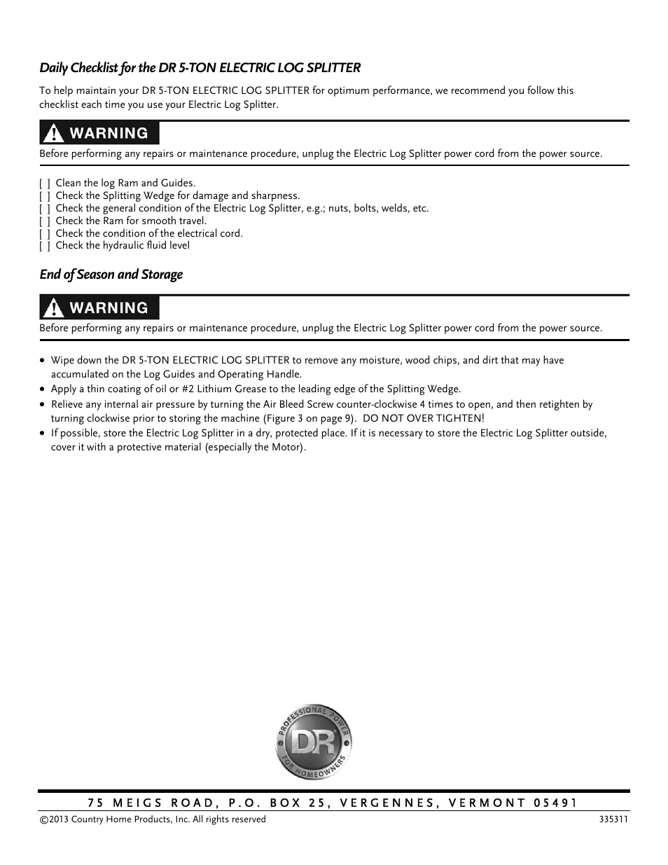 End of season and storage | DR Power Hydraulic 5-Ton (July 2013 - Present) User Manual | Page 20 / 20