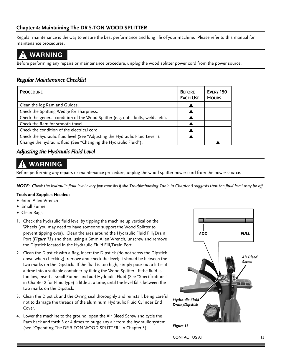 Regular maintenance checklist, Adjusting the hydraulic fluid level | DR Power Hydraulic 5-Ton (Oct 2010 - July 2013) User Manual | Page 13 / 24