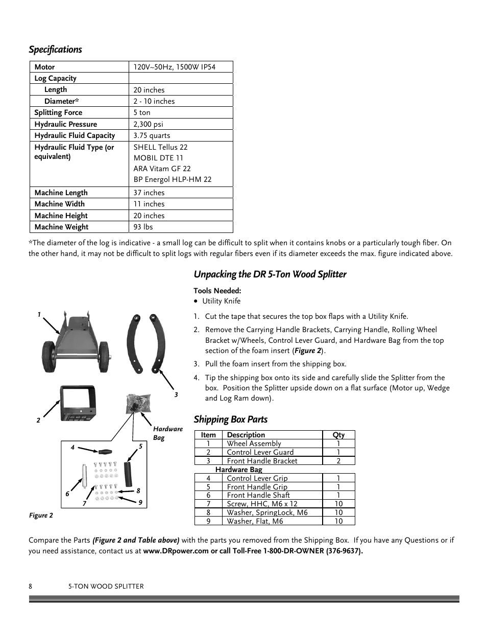 Specifications, Unpacking the dr 5-ton wood splitter, Shipping box parts | DR Power Hydraulic 5-Ton (Oct 2010 - July 2013) User Manual | Page 8 / 24