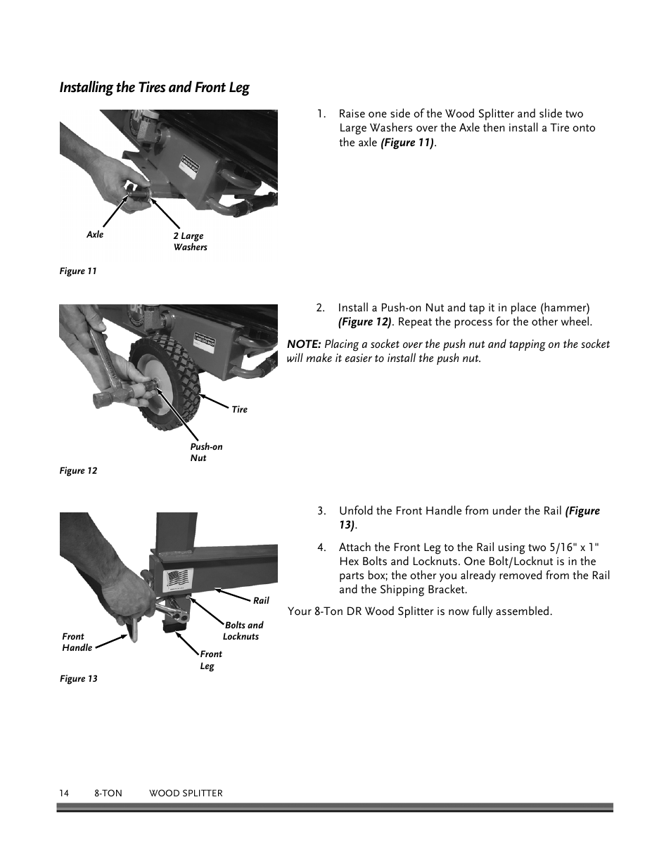 Installing the tires and front leg | DR Power Hydraulic 8-Ton User Manual | Page 14 / 36