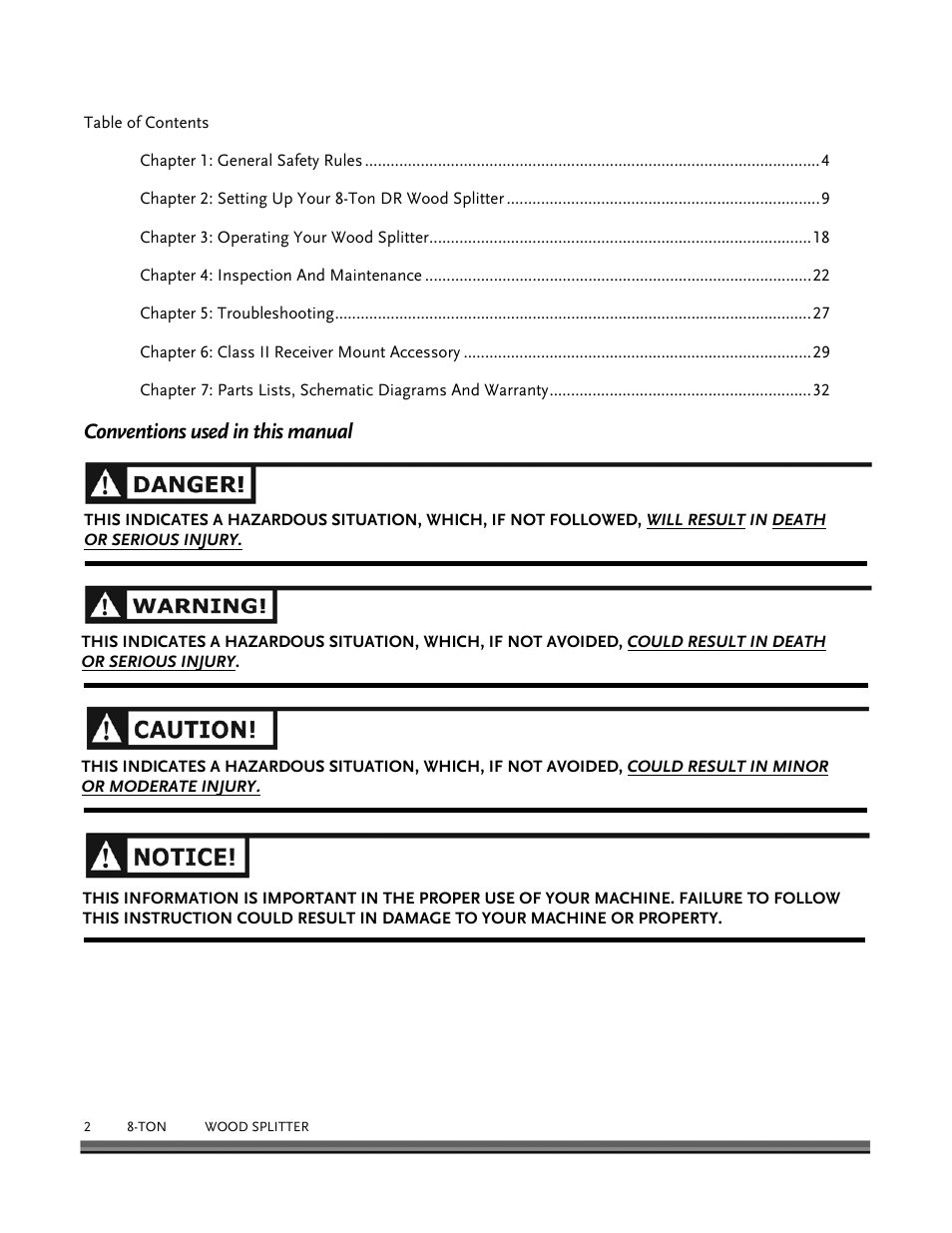 Conventions used in this manual | DR Power Hydraulic 8-Ton User Manual | Page 2 / 36