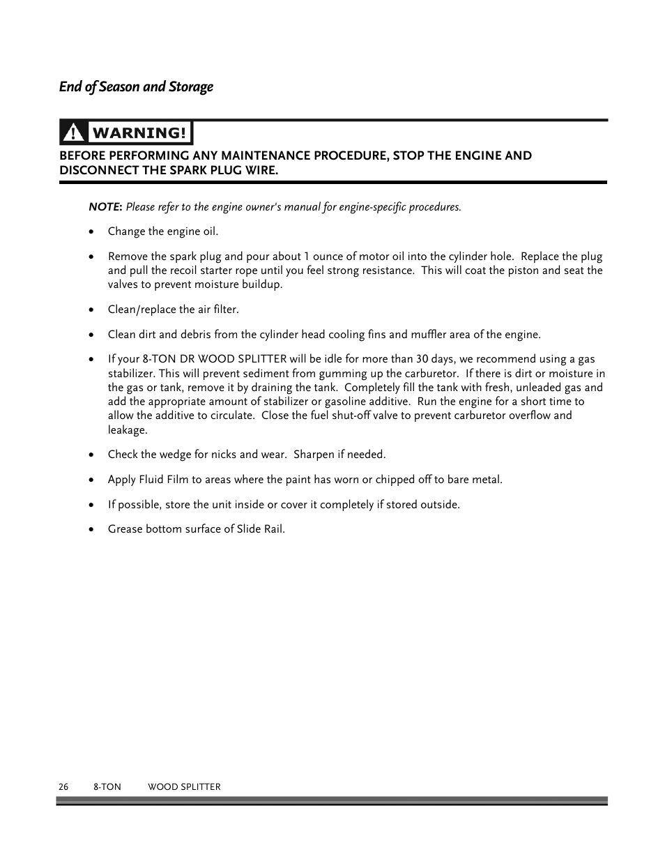 End of season and storage | DR Power Hydraulic 8-Ton User Manual | Page 26 / 36