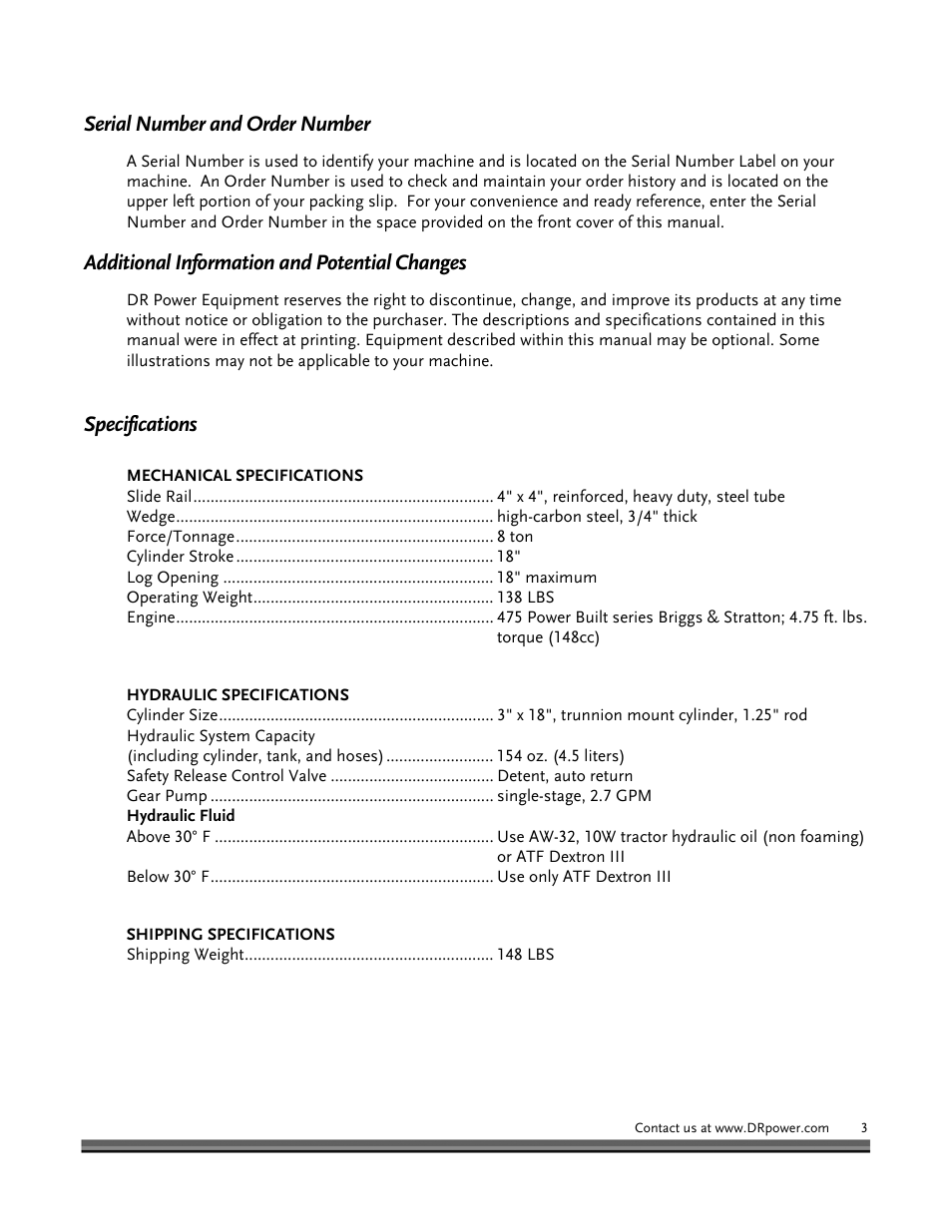Serial number and order number, Additional information and potential changes, Specifications | DR Power Hydraulic 8-Ton User Manual | Page 3 / 36