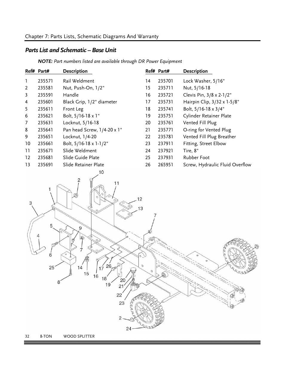 Parts list and schematic – base unit | DR Power Hydraulic 8-Ton User Manual | Page 32 / 36