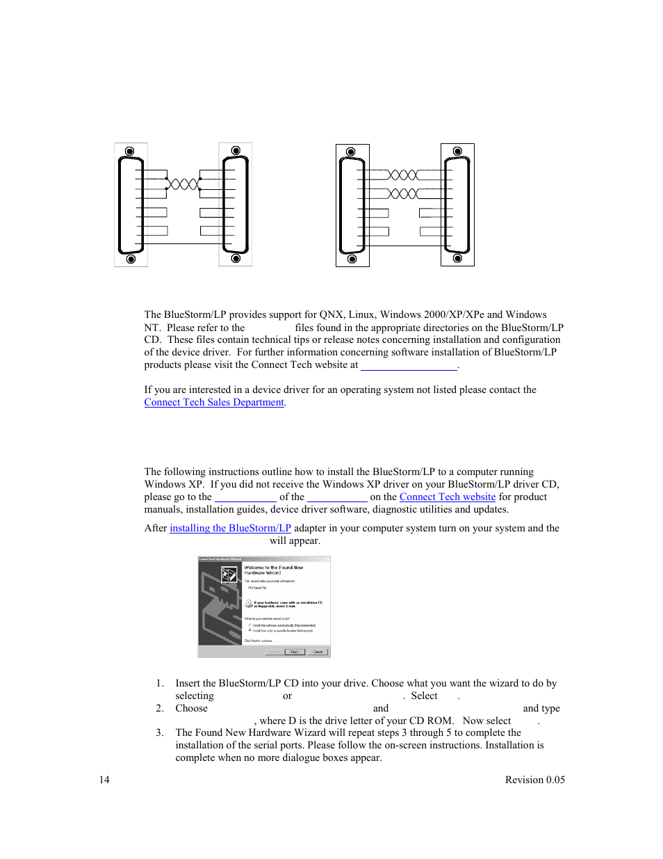 Software installation, Windows xp installation, Figure 5: rs-422/485 wiring diagrams | Select, Choose, And type, Install from a list, Specific location (advanced), Next, Select removable media (floppy, cd-rom) | Connect Tech BlueStorm Multi-port Serial Adapter User Manual | Page 14 / 15