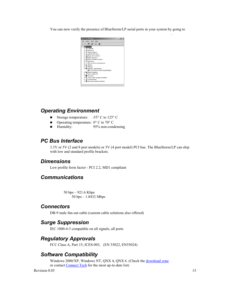 Specifications, Operating environment, Pc bus interface | Dimensions, Communications, Baud rates, Connectors, Surge suppression, Regulatory approvals, Software compatibility | Connect Tech BlueStorm Multi-port Serial Adapter User Manual | Page 15 / 15
