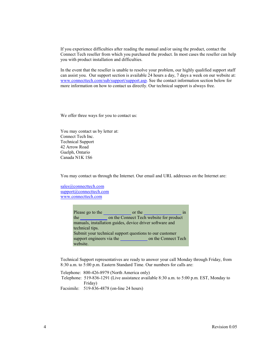 Customer support overview, Contact information | Connect Tech BlueStorm Multi-port Serial Adapter User Manual | Page 4 / 15