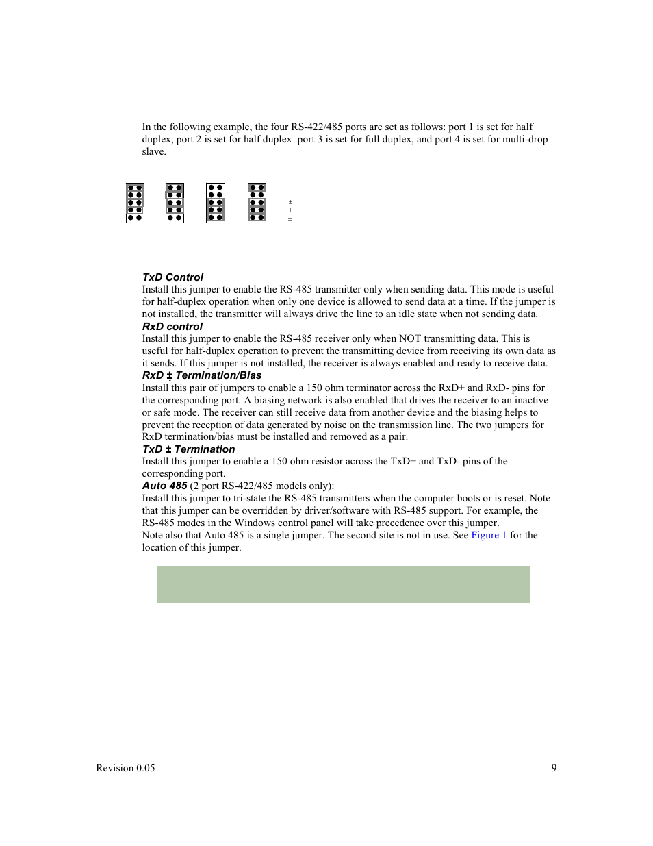 Jumper configuration, Txd control, Rxd control | Rxd ± termination/bias, Txd ± termination, Auto 485 | Connect Tech BlueStorm Multi-port Serial Adapter User Manual | Page 9 / 15