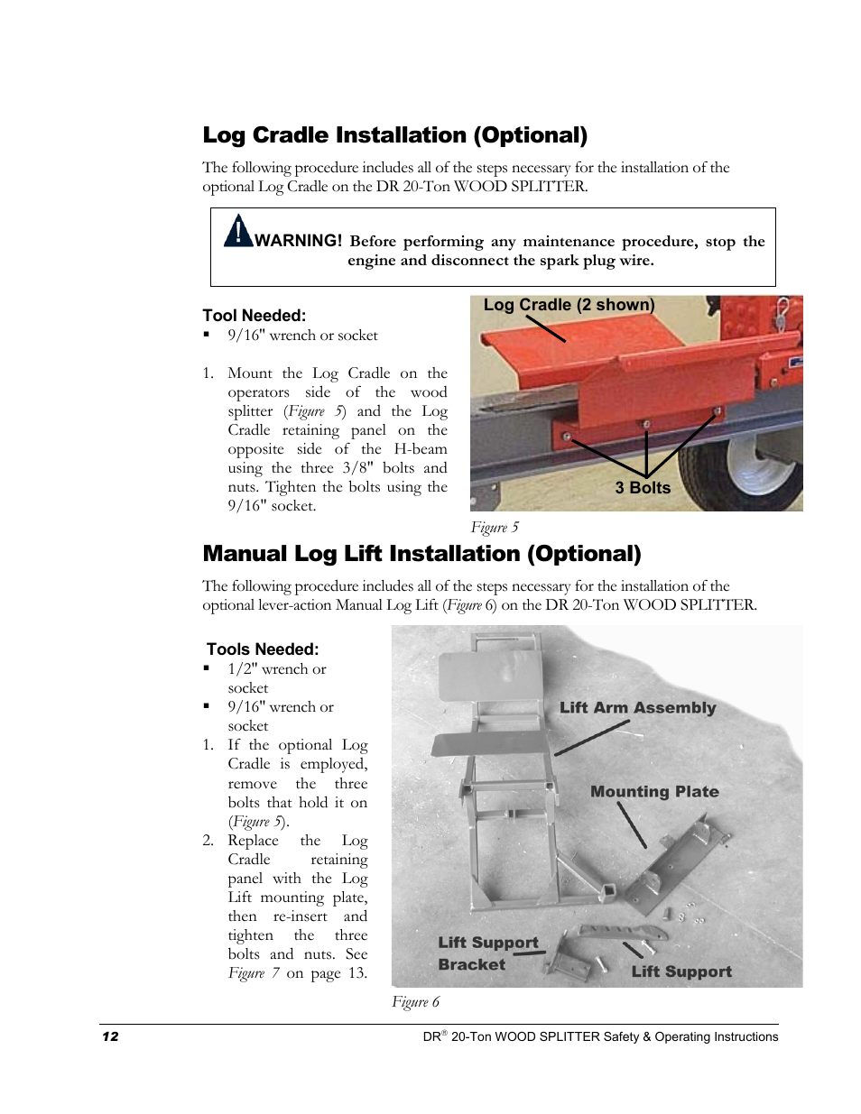 Log cradle installation (optional), Manual log lift installation (optional) | DR Power Hydraulic 20-Ton User Manual | Page 16 / 40