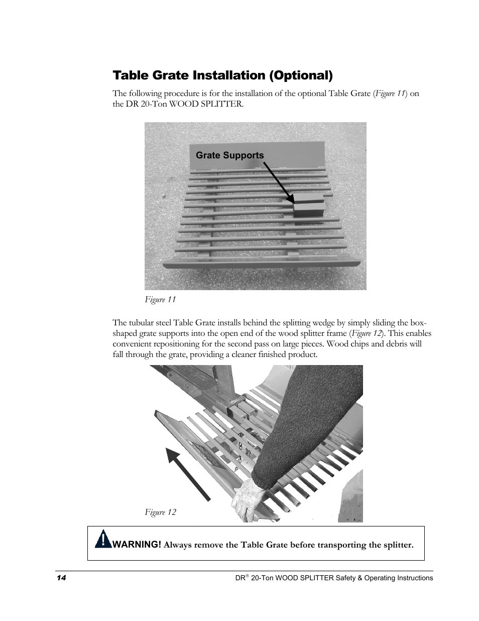 Table grate installation (optional) | DR Power Hydraulic 20-Ton User Manual | Page 18 / 40