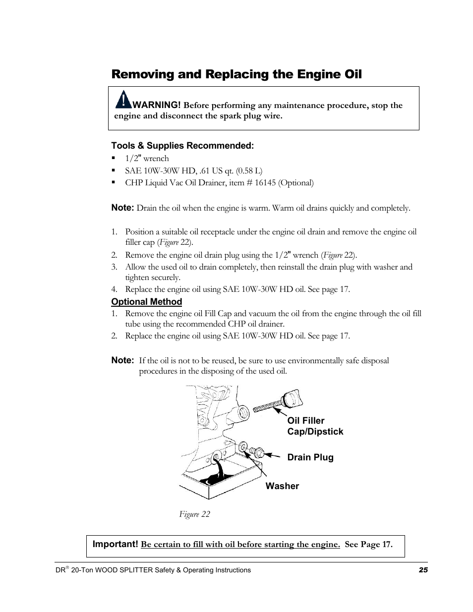 Removing and replacing the engine oil | DR Power Hydraulic 20-Ton User Manual | Page 29 / 40