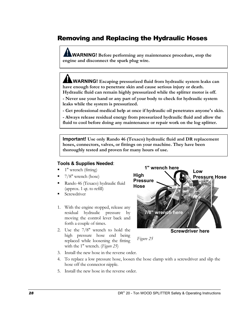 Removing and replacing the hydraulic hoses | DR Power Hydraulic 20-Ton User Manual | Page 32 / 40