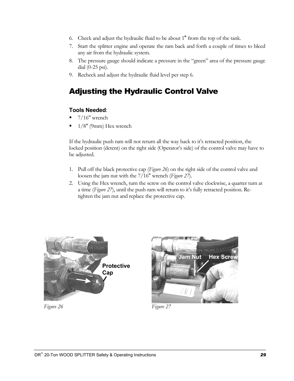 Adjusting the hydraulic control valve | DR Power Hydraulic 20-Ton User Manual | Page 33 / 40