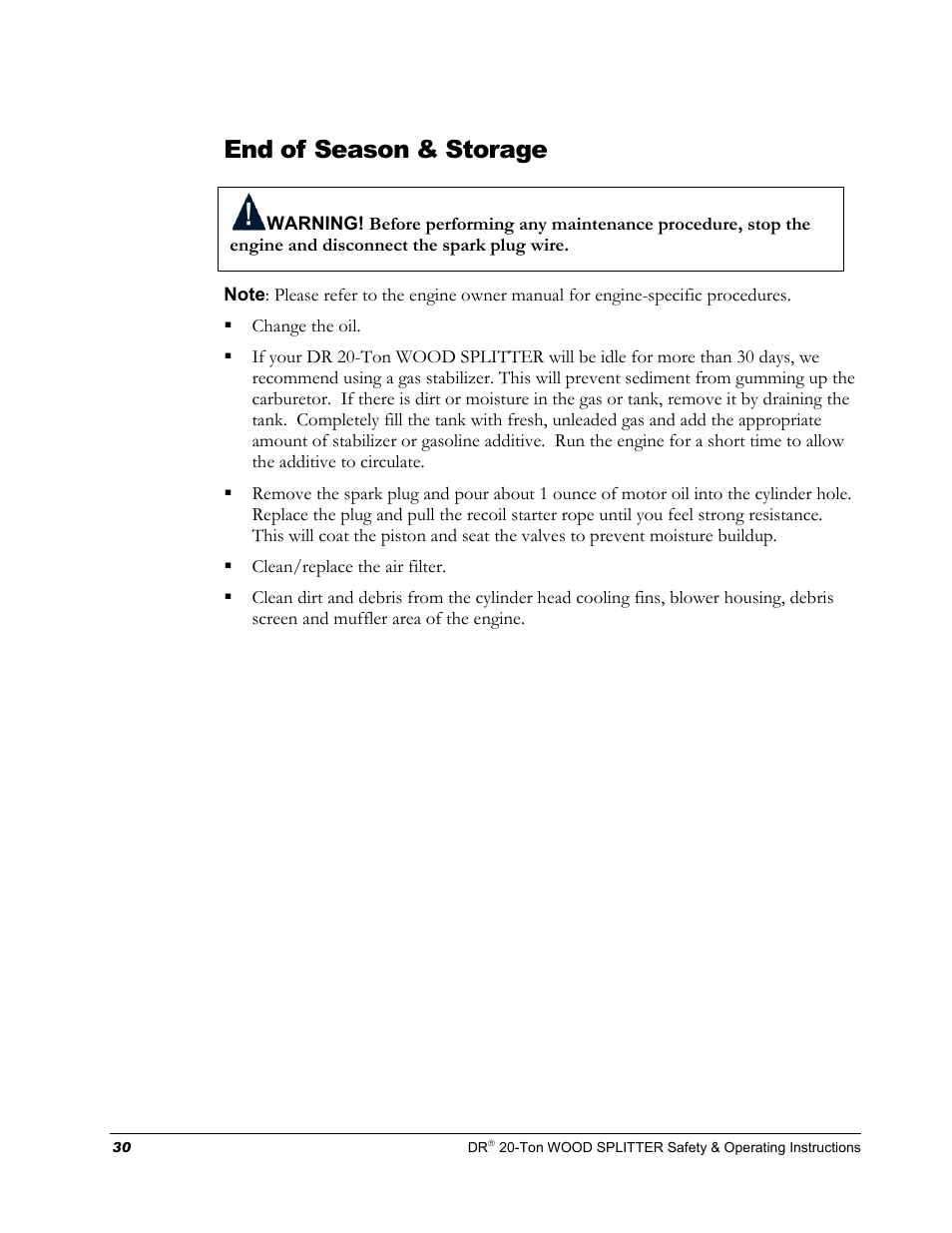 End of season & storage | DR Power Hydraulic 20-Ton User Manual | Page 34 / 40