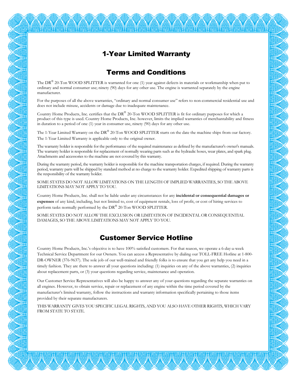 Year limited warranty terms and conditions, Customer service hotline | DR Power Hydraulic 20-Ton User Manual | Page 39 / 40