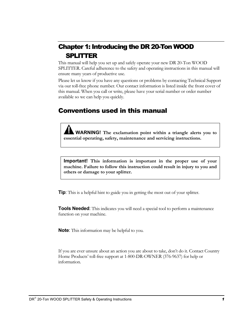 Chapter 1: introducing the dr 20-ton wood splitter, Conventions used in this manual | DR Power Hydraulic 20-Ton User Manual | Page 5 / 40