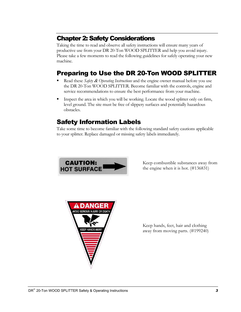 Chapter 2: safety considerations, Preparing to use the dr 20-ton wood splitter, Safety information labels | DR Power Hydraulic 20-Ton User Manual | Page 7 / 40