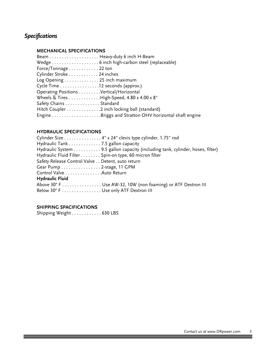 Specifications | DR Power Hydraulic 22-Ton User Manual | Page 3 / 44