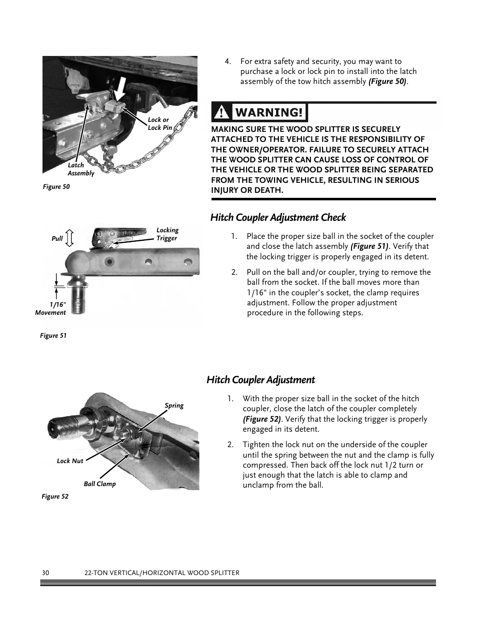 Hitch coupler adjustment check, Hitch coupler adjustment | DR Power Hydraulic 22-Ton User Manual | Page 30 / 44